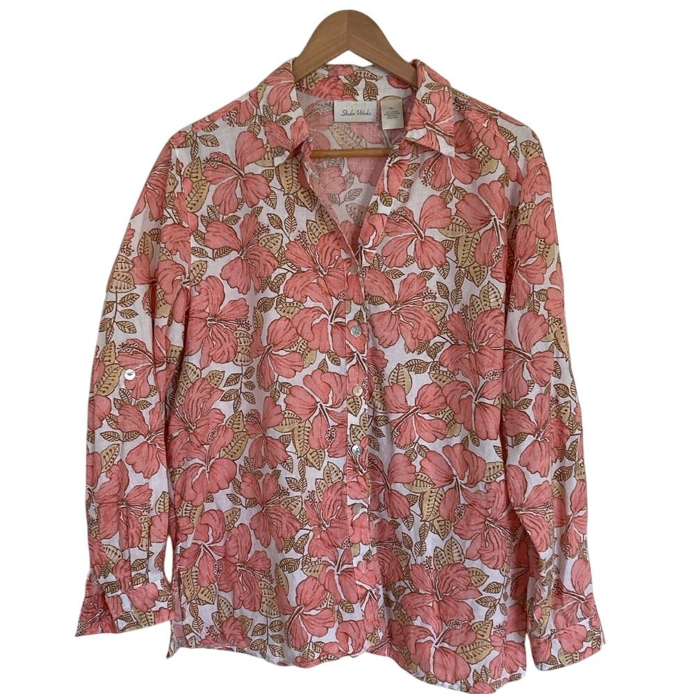 Studio Works Womens 100% Linen Shirt XL Pink Floral Button Front‎ Long Roll Tab